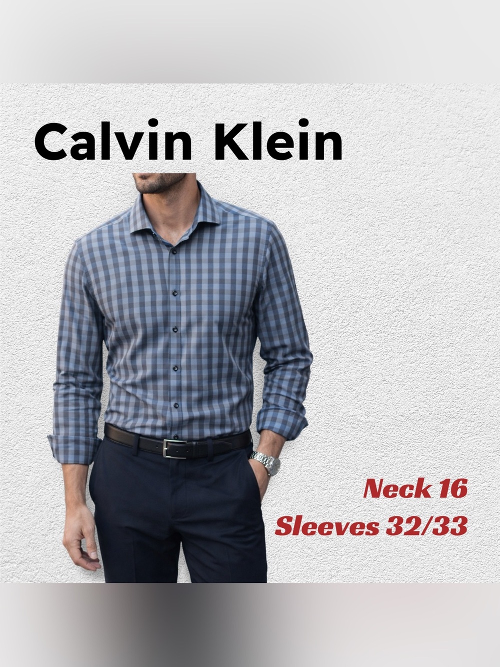🇺🇸👍VGUC CALVIN KLEIN | N16 S32/33| Office Steel Slim Fit Blue Plaid Dress Shirt